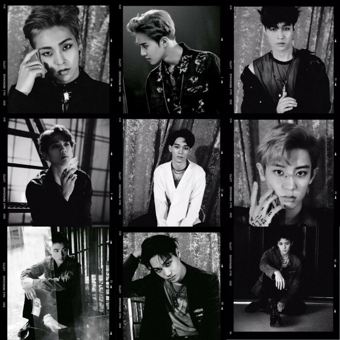 今年八月发布的新专《lotto》主打曲《lotto》九人拼接海报 #exo