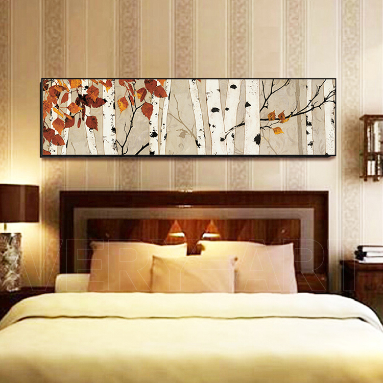 白桦林油画风景床头画卧室餐厅客厅背景墙装饰画长款横幅田园挂画
