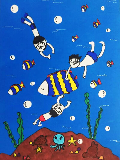 海底世界 儿童画 游泳 蓝色
