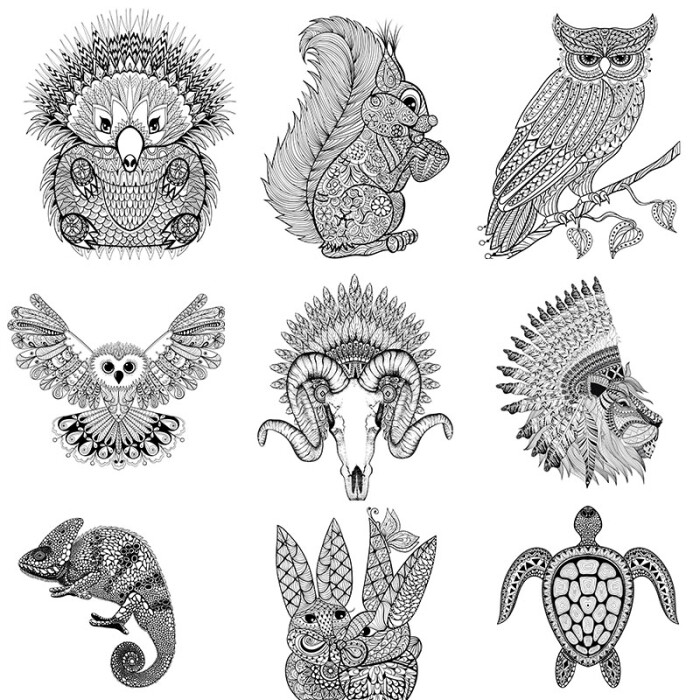 波西米亚风黑白抽象动物松鼠蜥蜴熊绘画纹身刺绣图案矢量设计ai45