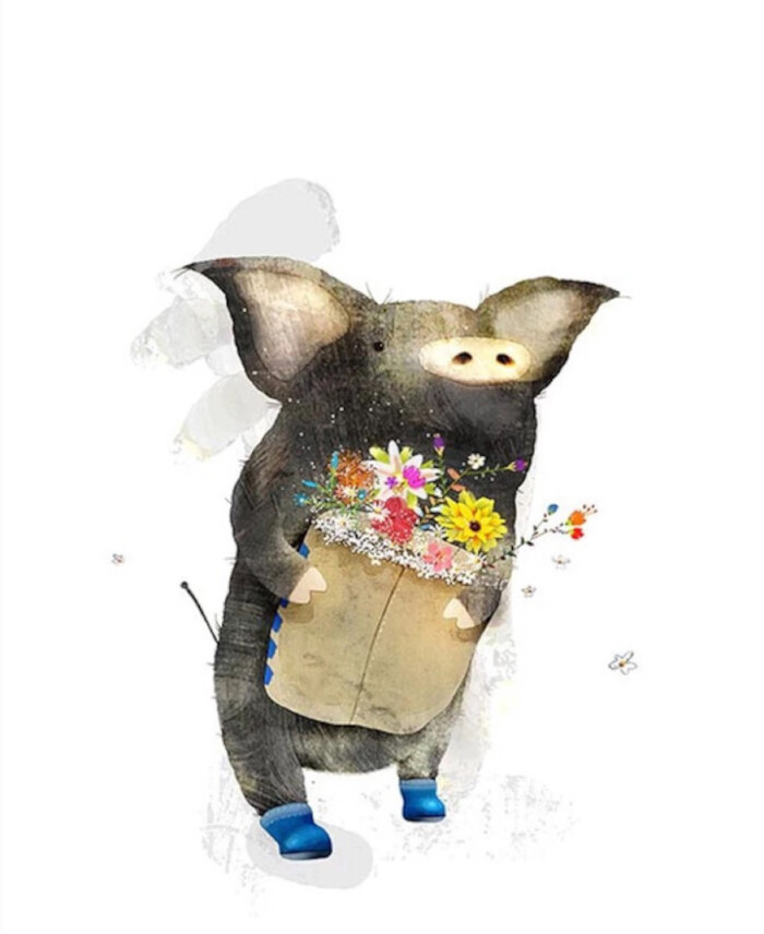 鲜花 手绘 小黑猪 可爱的卡通猪 手机 壁纸 …-堆