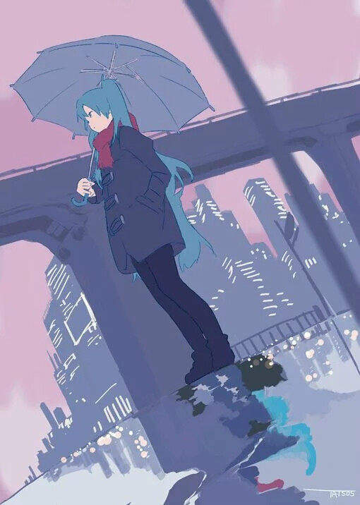 初音 雨 彩绘 二次元 动漫 都市 倒影