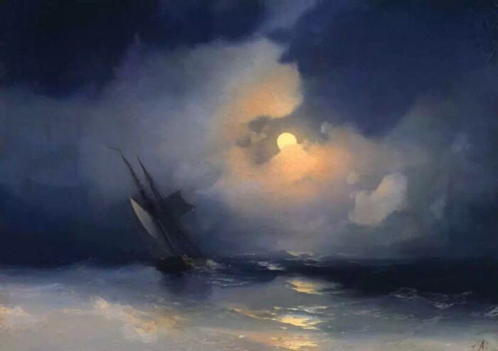 图为俄罗斯画家ivan aivazovsky(1817-1900)的作品《月夜,海上风暴.