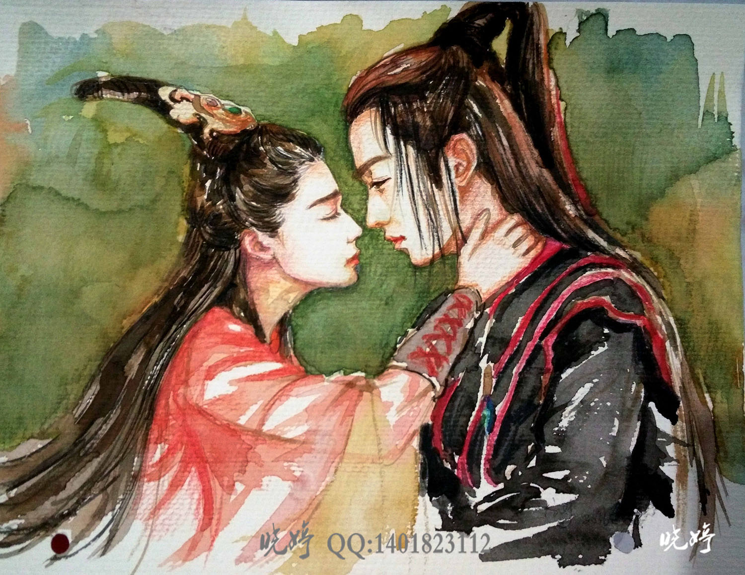 晓婷古风水彩手绘之水彩画《新边城浪子》 驸马cp 古风美男 原创