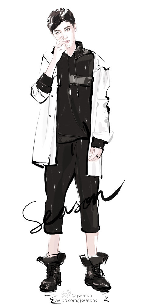 jjseason插画##时尚##插画# -----潮酷少年@许魏洲zz 黑白酷帅演绎