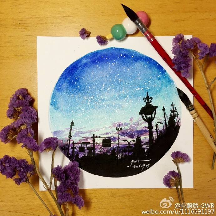 水彩星空风景#每日一画##每日一水彩# 彩色部分:吉祥颜彩 樱花固彩