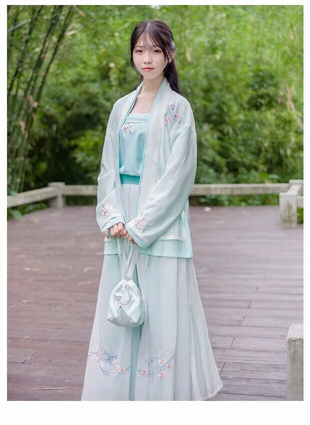 碎瞳汉尚华莲传统汉服女装绣花褙子宋裤抹胸四件套装夏款日常绿色