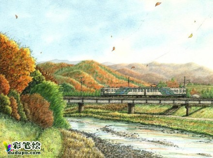 松本忠的乡间小火车 彩铅画