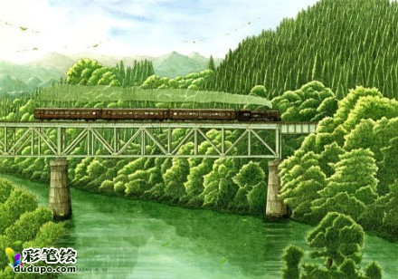 松本忠的乡间小火车 彩铅画