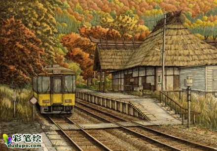 松本忠的乡间小火车 彩铅画