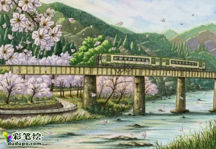 松本忠的乡间小火车 彩铅画