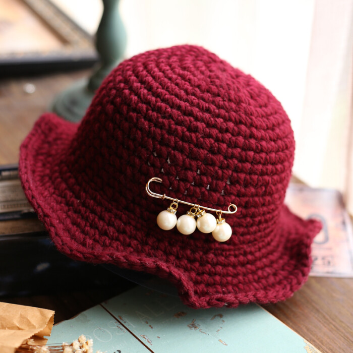 针织别针毛线帽帽檐可造型渔夫帽冬季粗毛线盆帽保暖森女帽