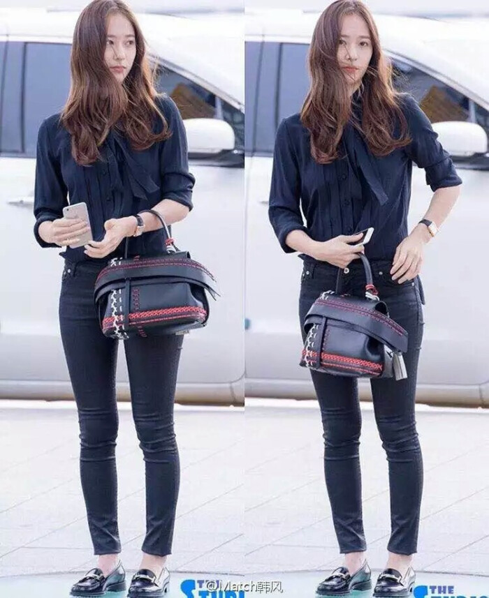 match star :#krystal# 郑秀晶的街拍时尚,黑蓝的雪纺衬衫搭配深色