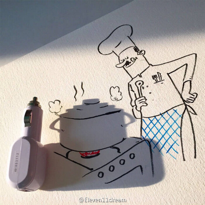 vincent bal 利用日常物品的影子与涂鸦互动的想法,画出一张张有趣的