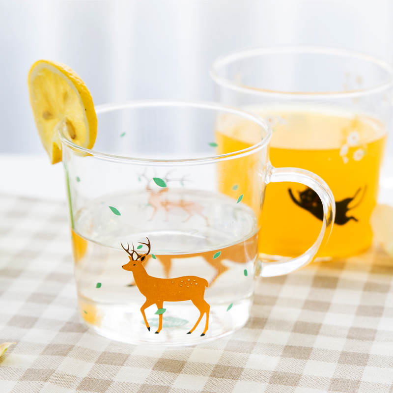 森语 日式卡通小动物玻璃水杯 耐高温玻璃杯子早餐杯牛奶杯