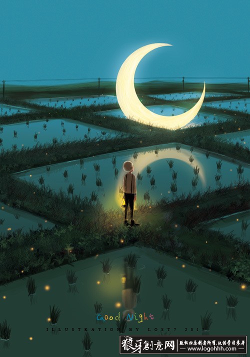 田间的月亮插画设计作品欣赏 孤独的小人儿插画设计 夜晚插画设计网