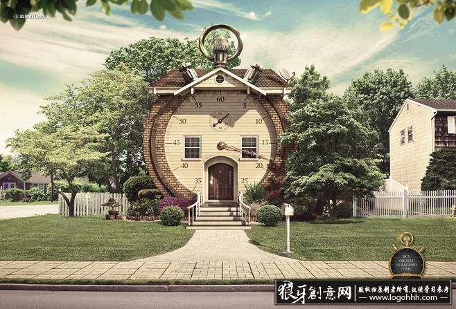 绿树环绕的中标房子 欧美创意闹钟形状房子摄影 创意房子地产广告图