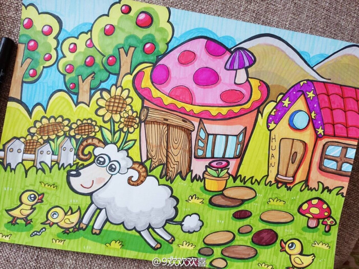 小绵羊的家 儿童画