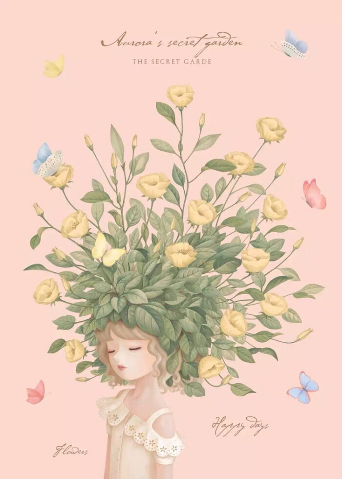 森女系插画壁纸 头顶植物的女孩