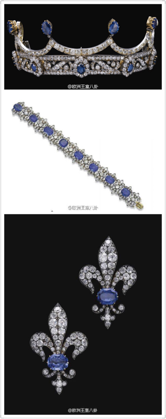 据报可能曾属于拿破仑第二任老婆玛丽-露易丝的蓝宝石套装,最近王冠