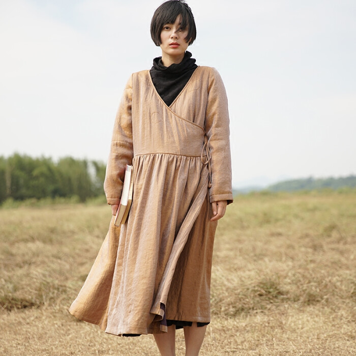 寺山文也 民族风长款过膝加厚棉麻外套棉衣棉