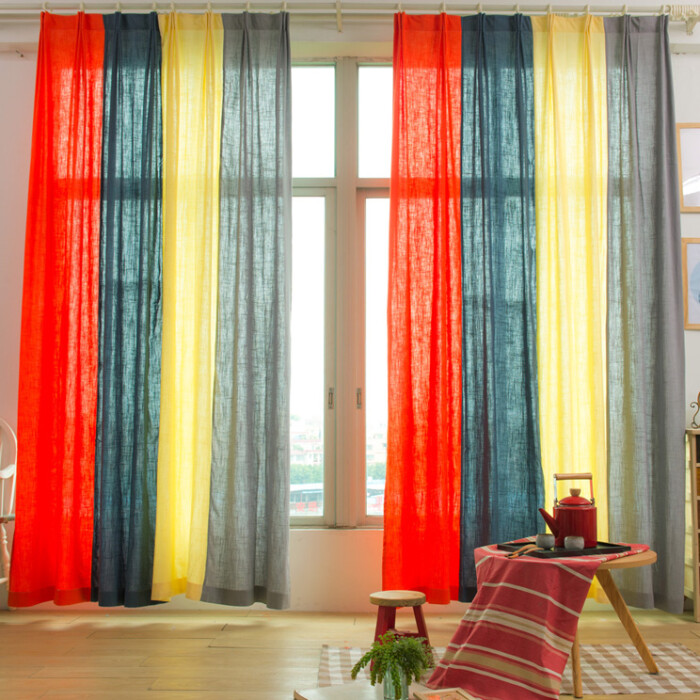 东南亚风对比色橙红色浅黄色拼色棉麻窗帘成品