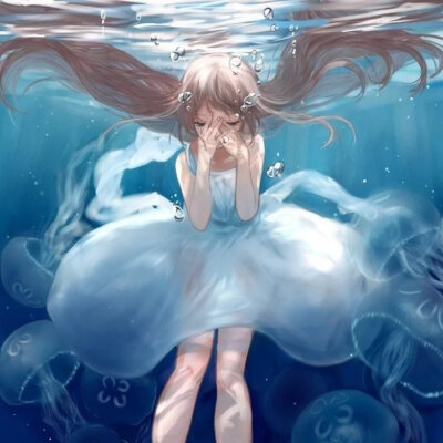 蓝色深海女生静谧手绘二次元图片优美意境图