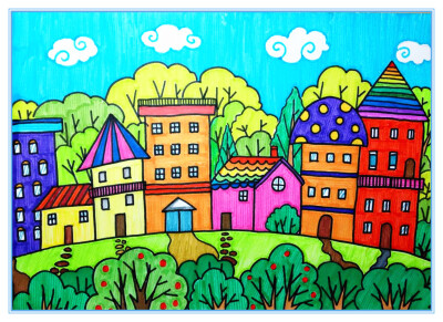 儿童画～多彩的房子组合