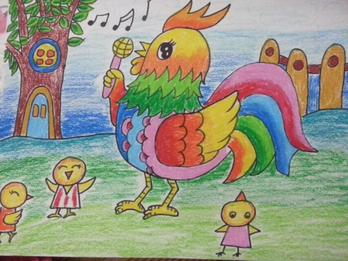 儿童画～唱歌的大公鸡