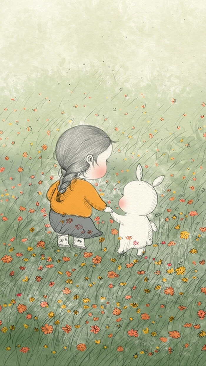 女孩与兔子 暖心插画