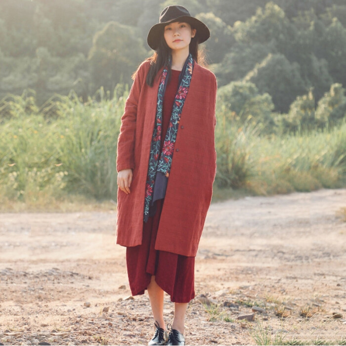 文艺范复古民族风亚麻女式风衣外套大衣中长款