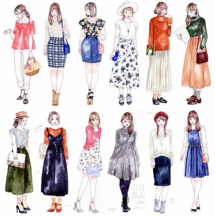 ins: miya78pic 手绘 时尚 搭配 人设 日常 街拍 服装素材 水彩 插画
