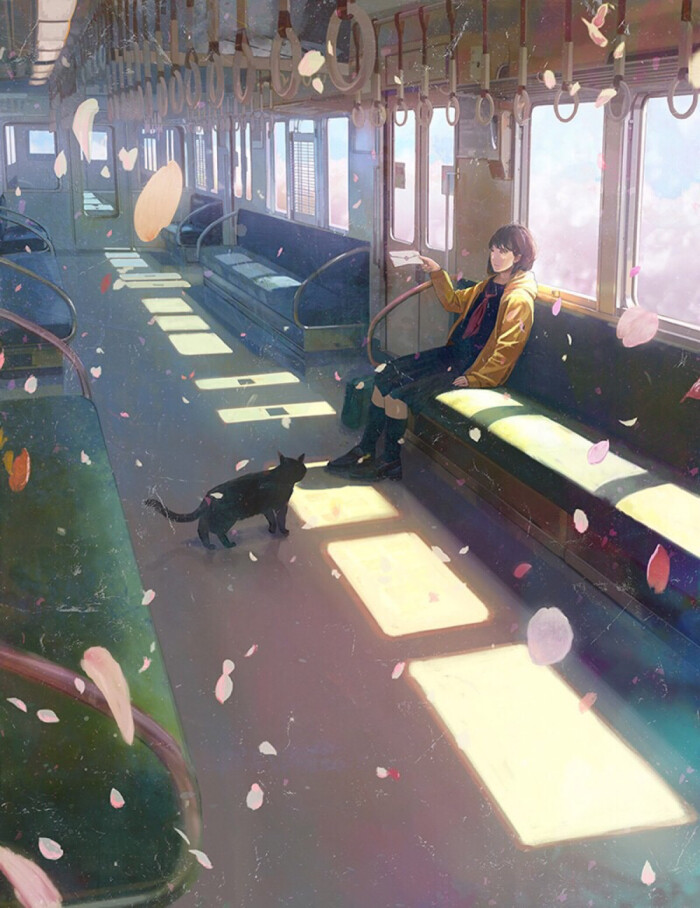 少女 小清新 温馨 治愈 电车 花瓣 猫萌 二次元 高清 壁纸 插画