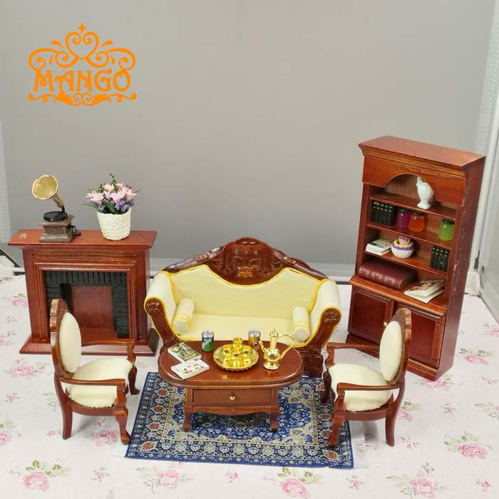 1:12娃娃屋dollhouse迷你家具模型 红木色沙发客厅茶几6件套 欧式