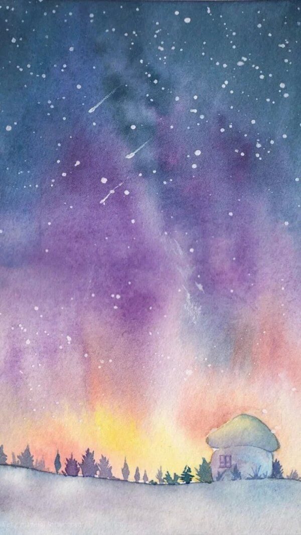 浅色水彩清新蘑菇房星空