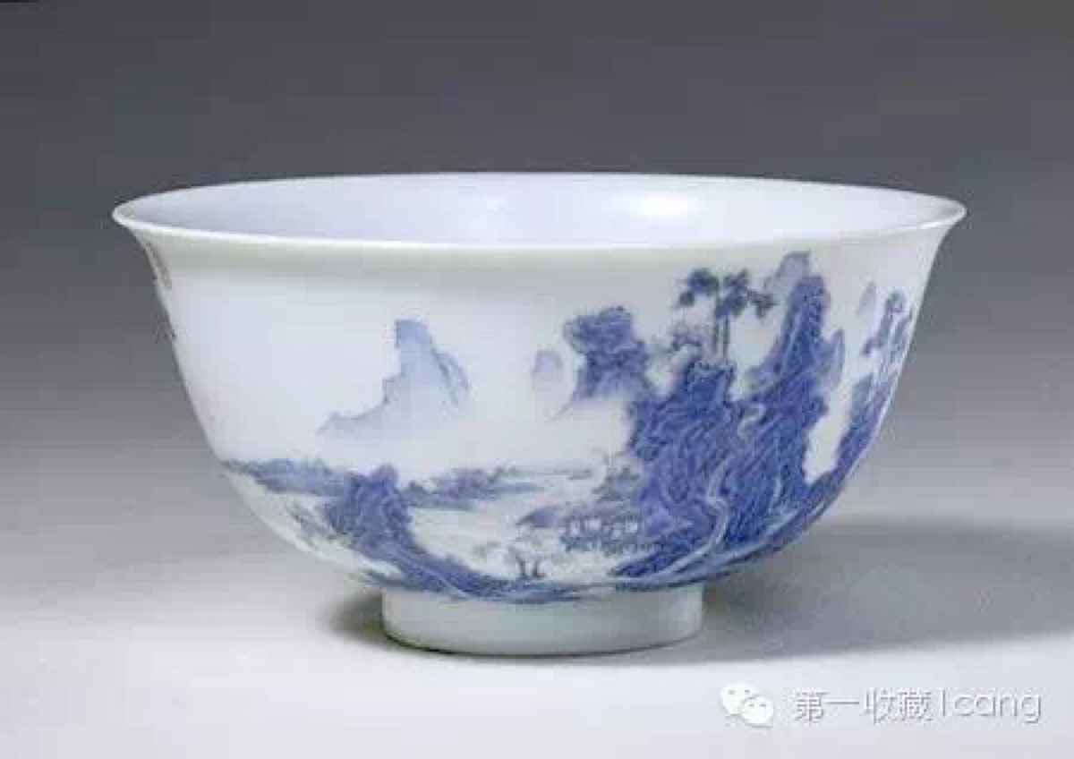 清雍正,蓝料彩山水图碗,高5.5cm,口径10cm,足径3.9cm