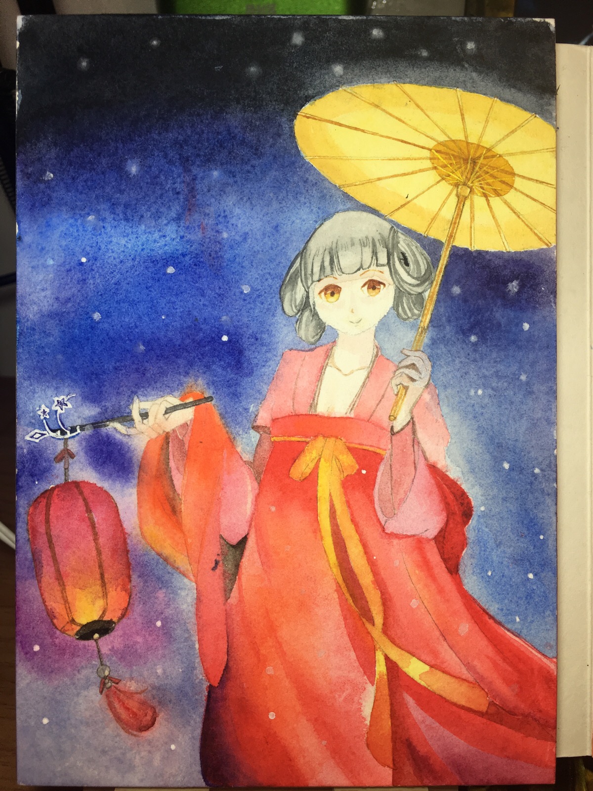 我的第一幅看的过去的水彩画 一个打灯笼的古风妹纸