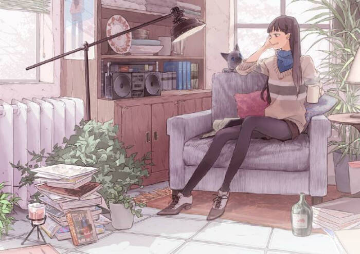 「少女与猫」动漫壁纸,惬意温馨的午后时光~(画师:くじょう)