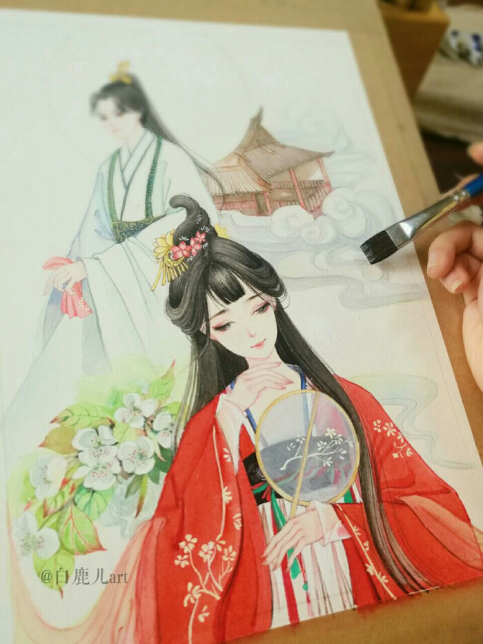 古风插画过程图 白鹿儿art