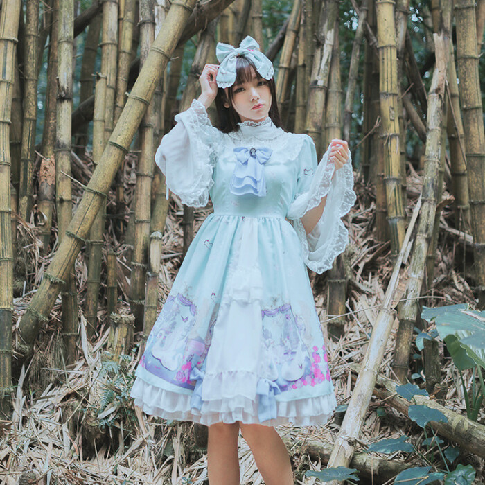 天鹅湖主题印花op连衣裙lolita小洋装萌妹洛丽塔长袖裙子