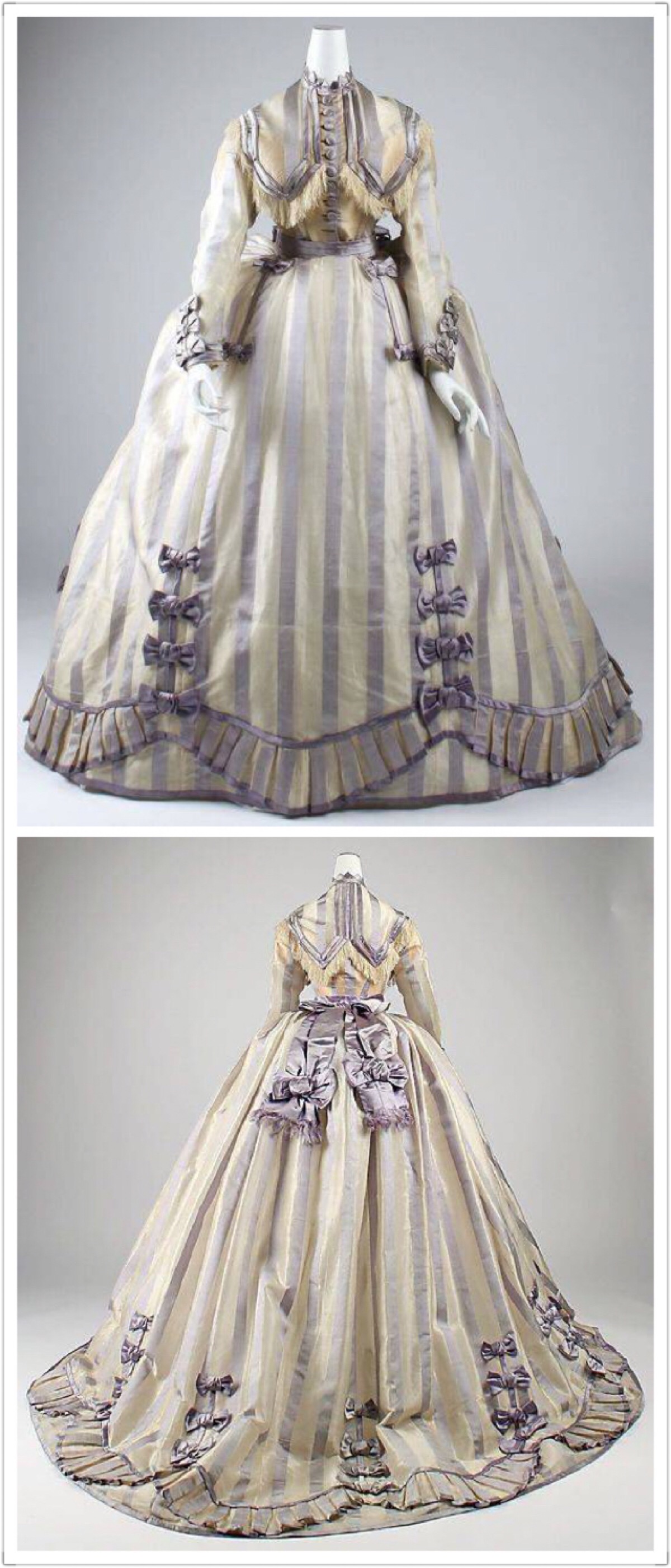 喜欢维多利亚时代中期的这种大裙子,1867~1869,法国,淡紫与银色条纹