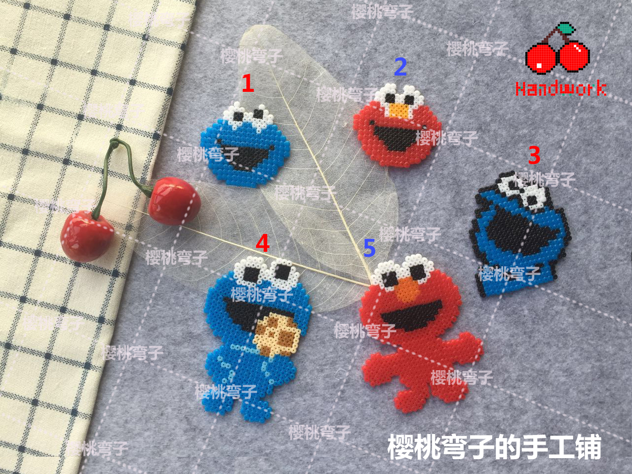 芝麻街-艾摩(elmo)&甜饼怪(cookie monster)拼豆 taobao:樱桃弯子手工