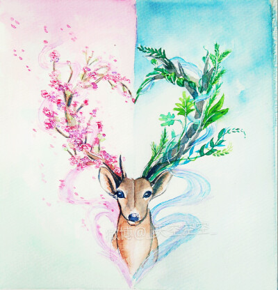 彩虹 七彩 插画 彩色 手绘鹿 麋鹿 艺术 萌宠 星云 动物 水彩星空 鹿