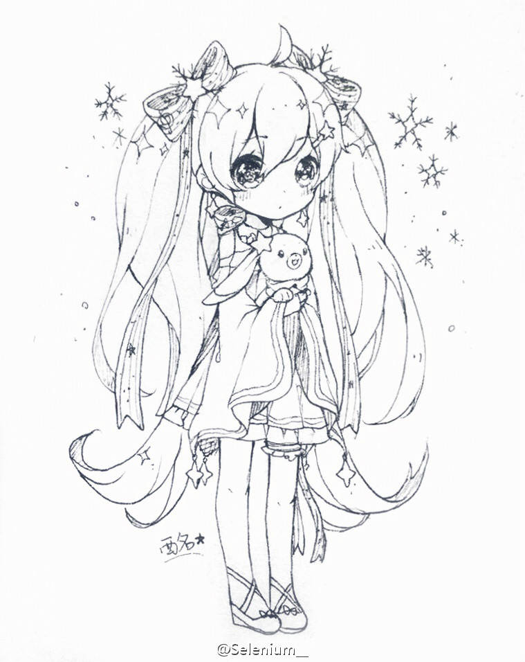 手绘 萌萌哒 初音 线稿 @selenium