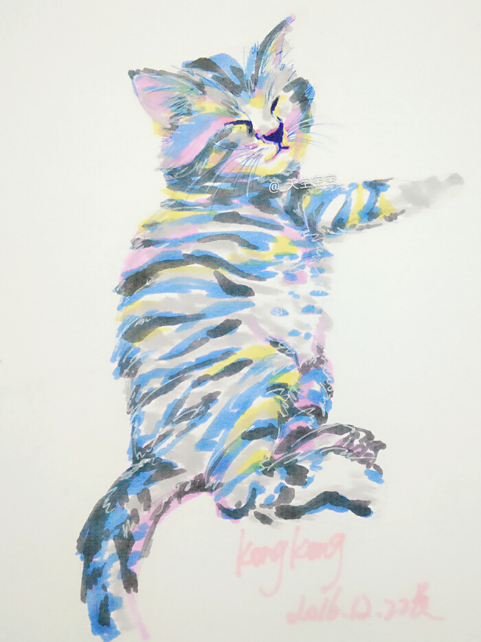 铅笔 画绘 萌萌哒 喵星人 彩虹 七彩 插画 彩色 手绘猫 猫咪 艺术 萌