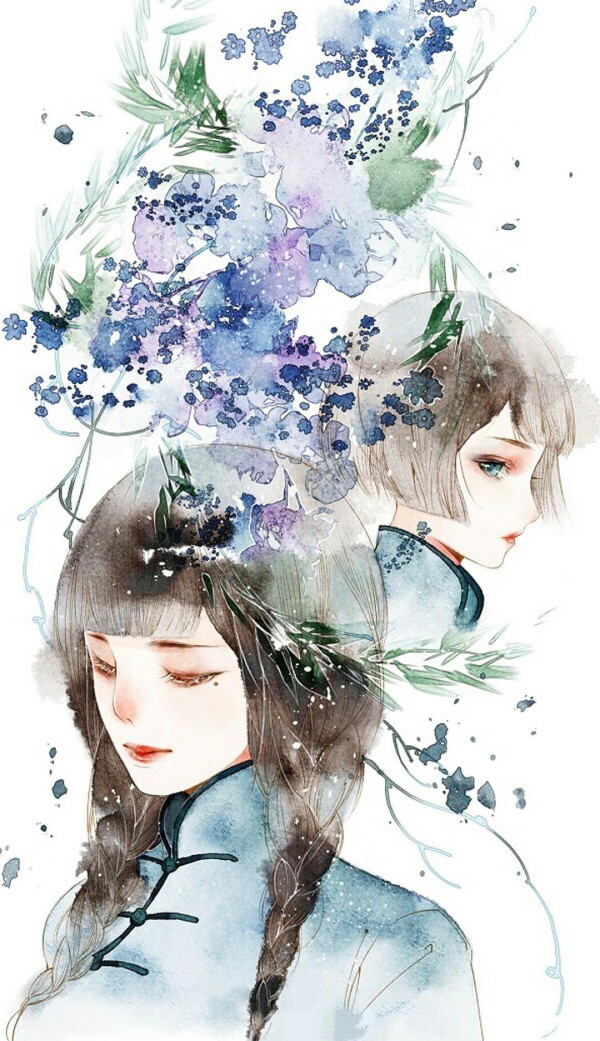 清新 女生 唯美 水彩 手绘