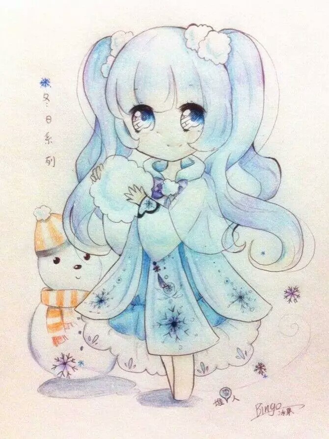 手绘 彩铅 Q版 女孩 冬日系列 @冰果Bingo-堆糖