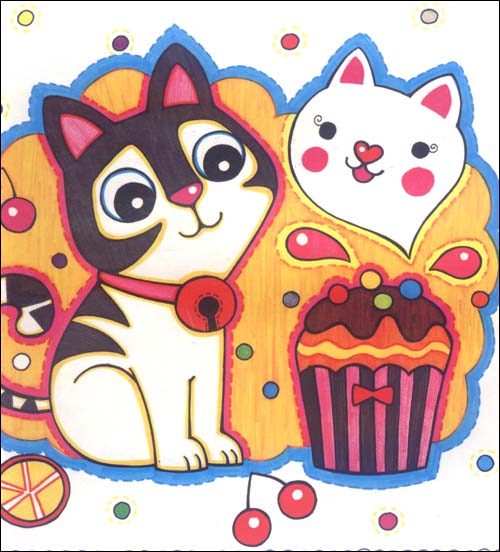 儿童画～小猫和蛋糕