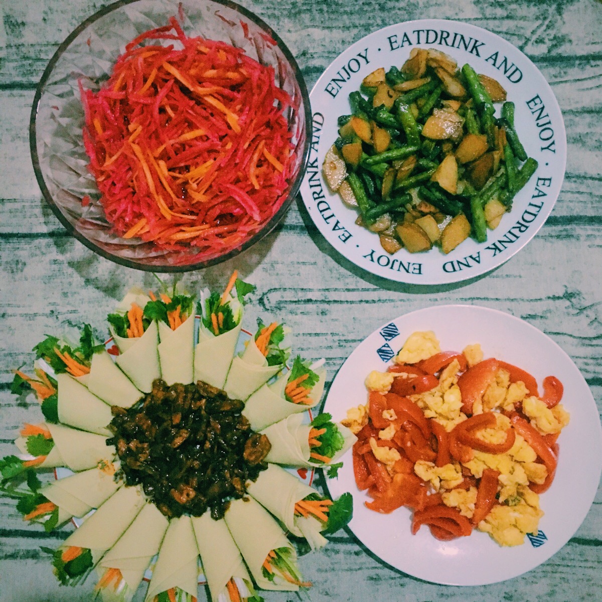 我的晚餐 精致晚餐 配色丰富京酱肉丝胡萝卜心里美糖醋干煸土豆豆角红