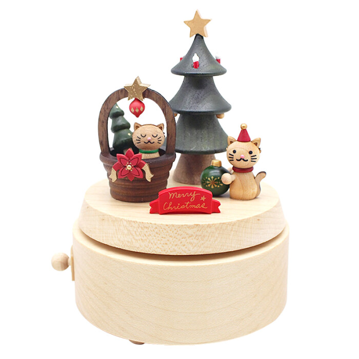 圣诞款jeancard木质音乐盒复古猫咪旋转八音盒